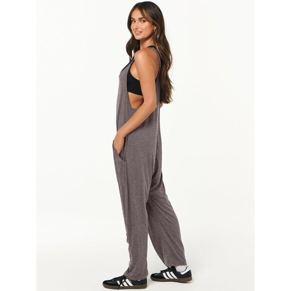 Women Gray Taupe Casual Summer Overall Sleeveless Spaghetti Strap Romper Jumper - Picture 4 of 6